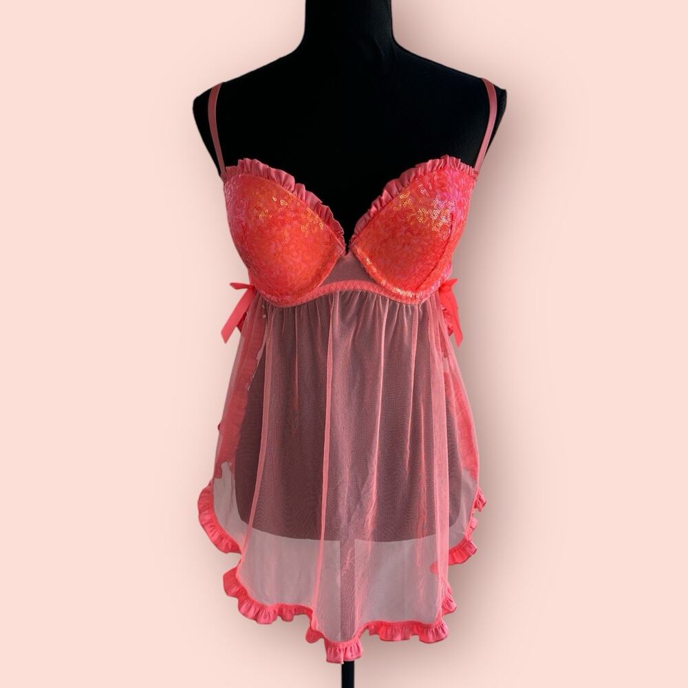 Victoria's Secret Babydoll Top Size 34D Coral Pink Sequin Lingerie Dress Y2K